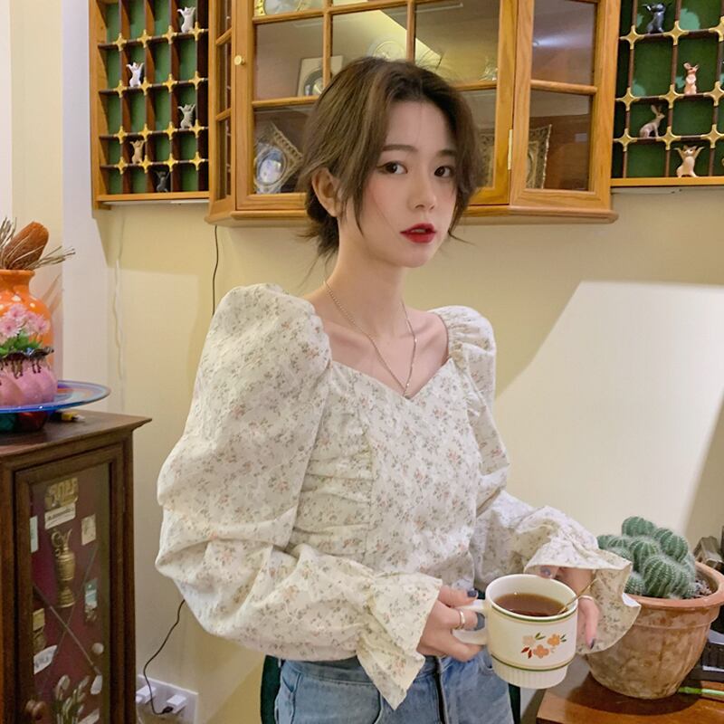 ショートトップス スプリングオータムスリーブフローラルシャツ 春物 秋物 花柄 スーパーモール9753105985