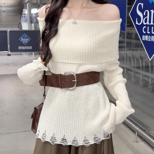 4色／オフショルダーダメージニット ・72581