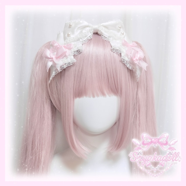 ♡【全10色】ドーリープリンセス パール＆ドットサテンリボン 2wayヘアクリップカチューシャ white×pink ♡