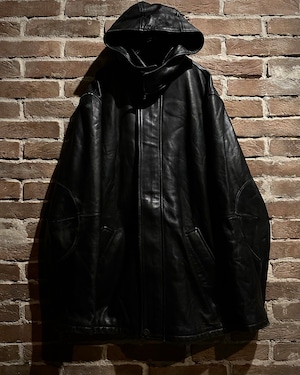 【Caka act3】Minimal Black Vintage Loose Hooded Leather Jacket