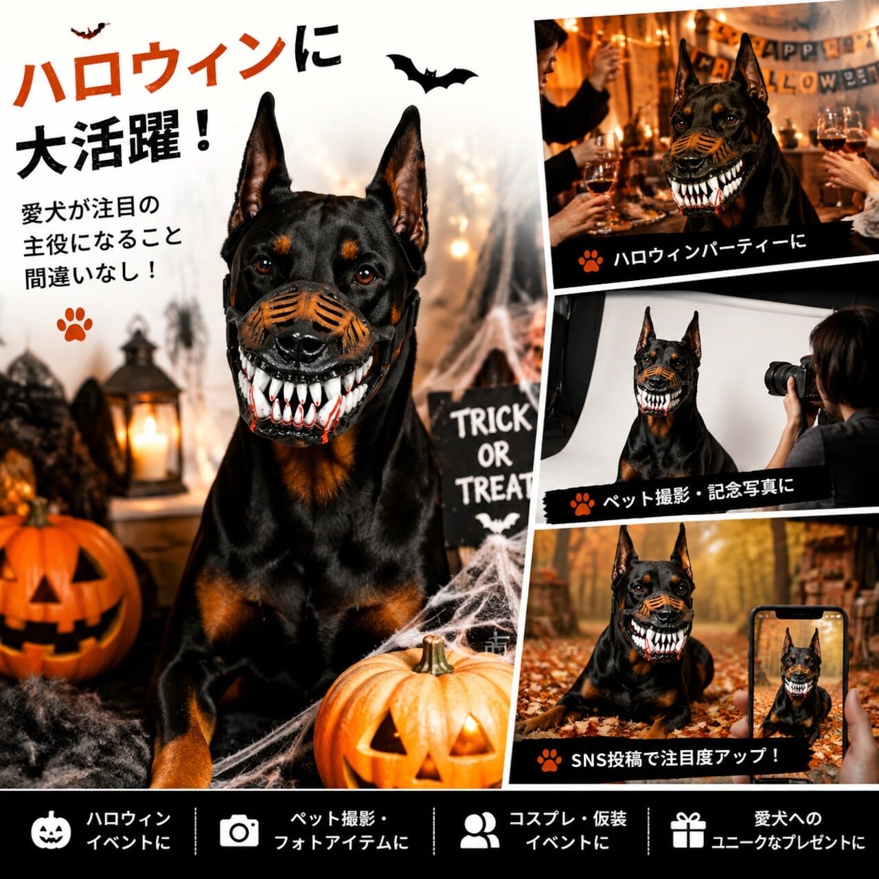 SQ 716 . 地獄ハウンド風 モンスター犬用マズルカバー｜リアル牙