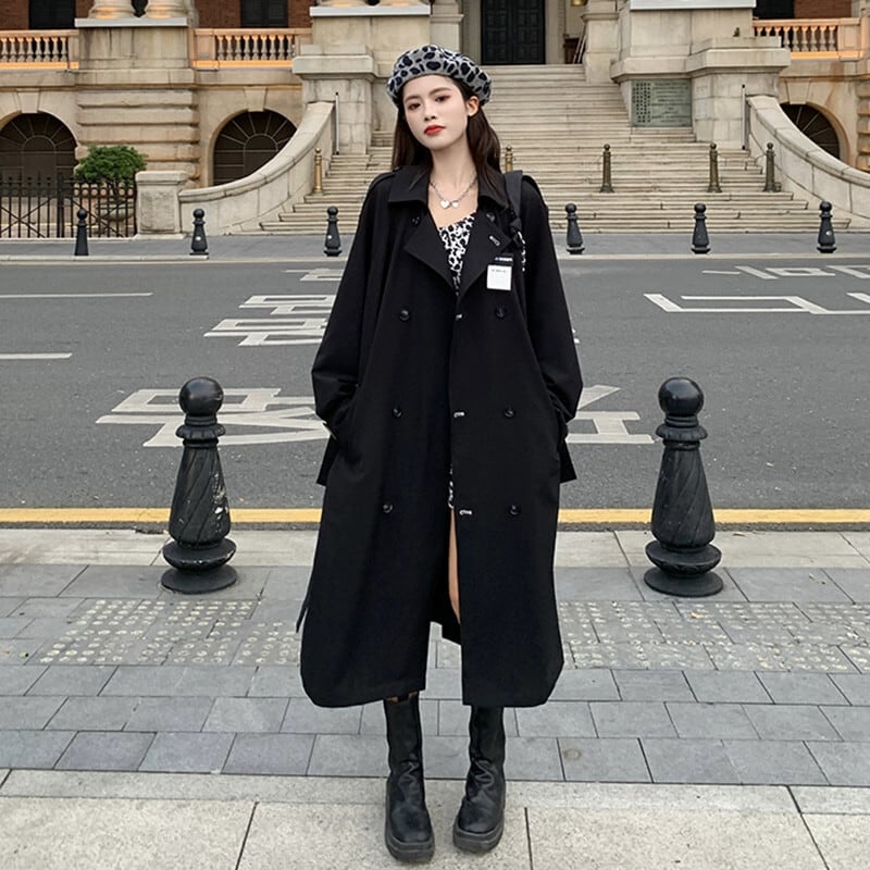 黒トレンチコートミドル丈婦人服2022春先新スタイルルーズダブル