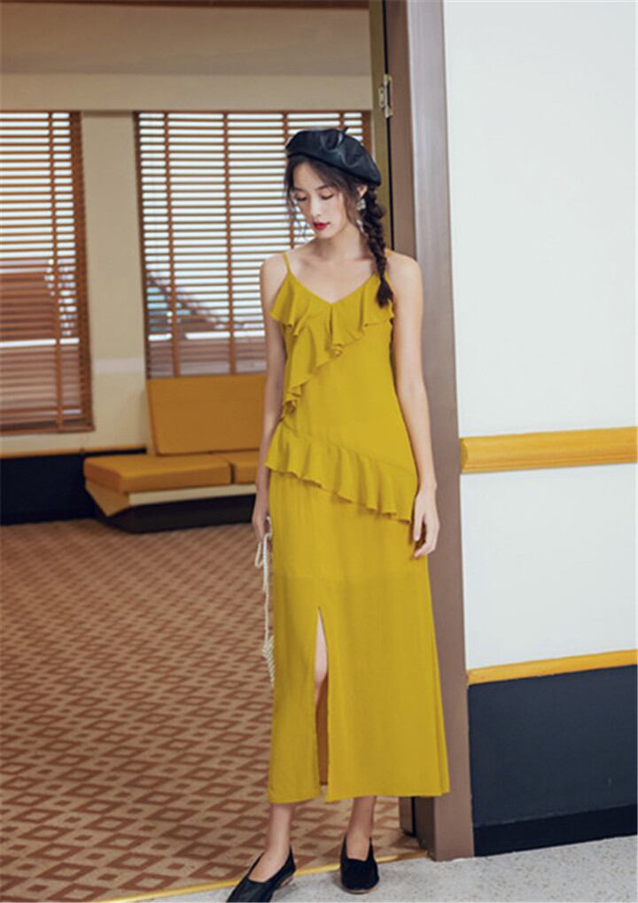 新製品の入荷 韓国ファッション Vネック キャミ・ベアワンビス お出かけ ワンピース ロングスカート