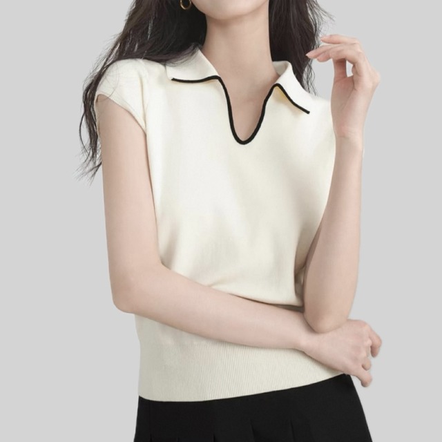 V cutting black piping short sleeve polo summer knit 00149