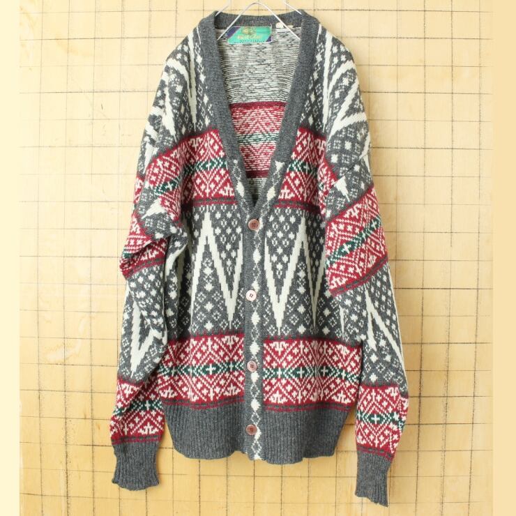 90s GREEN LEAVES総柄ニットカーディガンオフホワイトML aw76 USA 