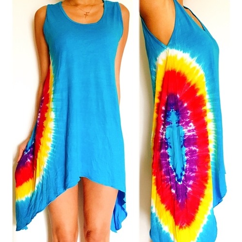 リゾート風 タイダイ アシンメトリー ワンピース(水色)【バリ島直輸入】