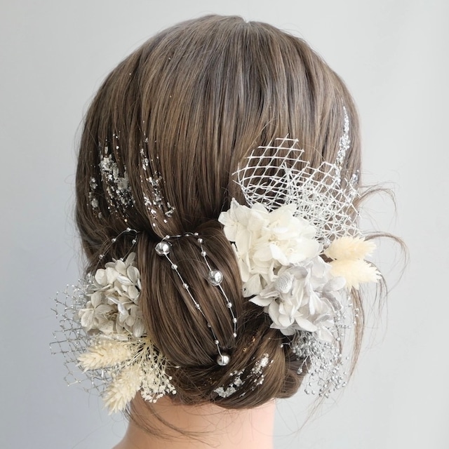 A498 ドライフラワー　髪飾り　シルバー　卒業式　袴　成人式　振袖　結婚式　和装