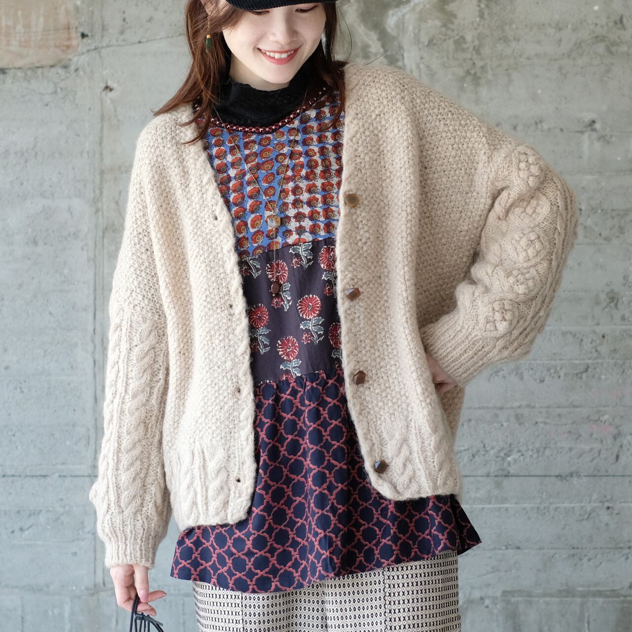 2025年復刻再販!あったかウール♡手編みモヘアニットカーディガン(22w-12)ベージュ