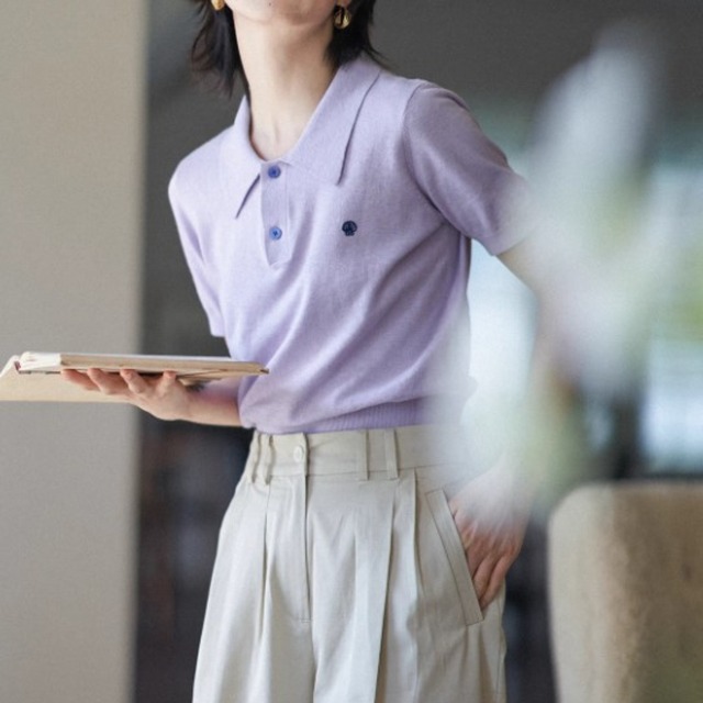 シェル刺しゅうリネン混ポロシャツ