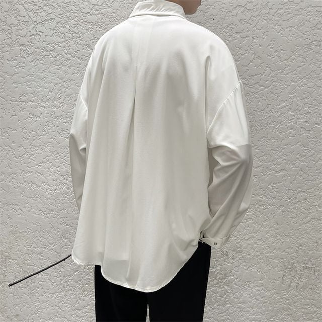 予約販売】シャツ 長袖 メンズ オーバーサイズ 無地 ベルト ブラック