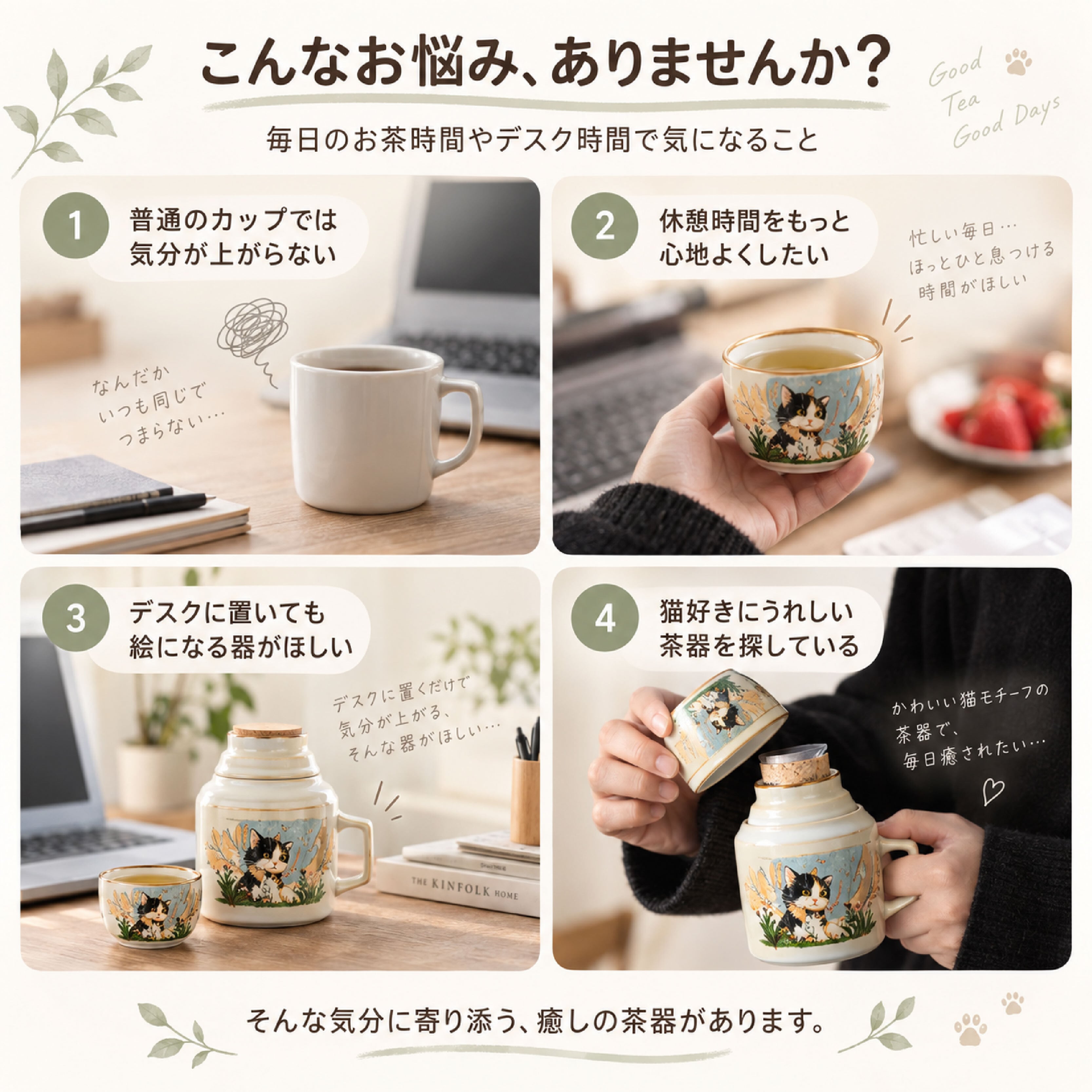 HY 1130 .猫柄陶器茶器 蓋付きマグカップ 急須風ティーカップ