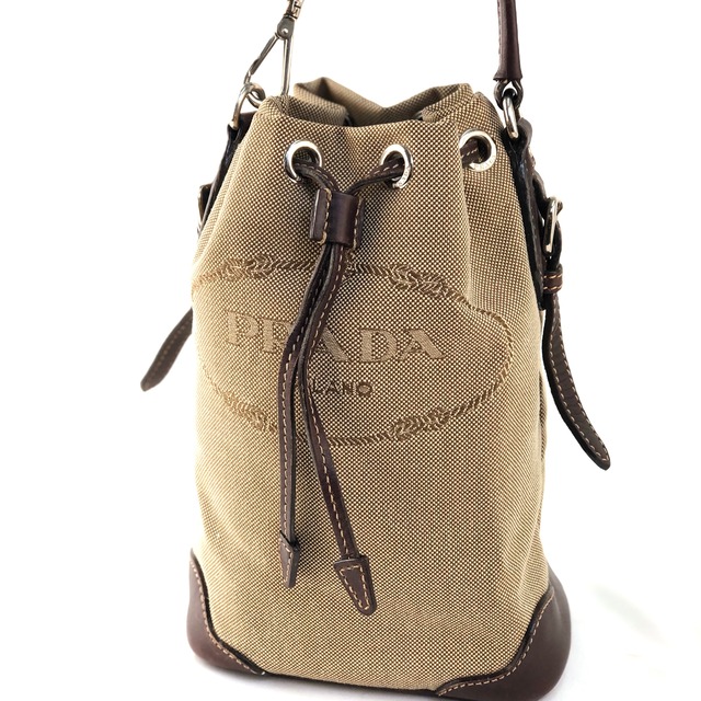 PRADA プラダ　ロゴ刺繍　巾着　ミニバッグ　ジャガード　ハンドバッグ　ブラウン×ベージュ　vintage　ヴィンテージ　オールド　6xcx6f
