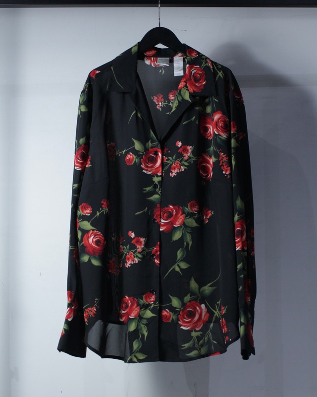 【Caka BLACK】Beautiful Rose Pattern Vintage L/S Open Collar Sheer Shirt