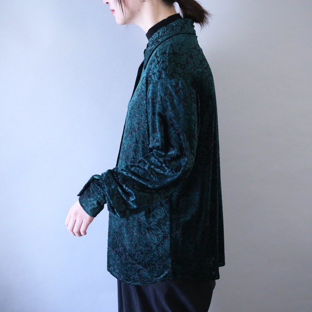 flower motif art pattern deep green see-through velours shirt