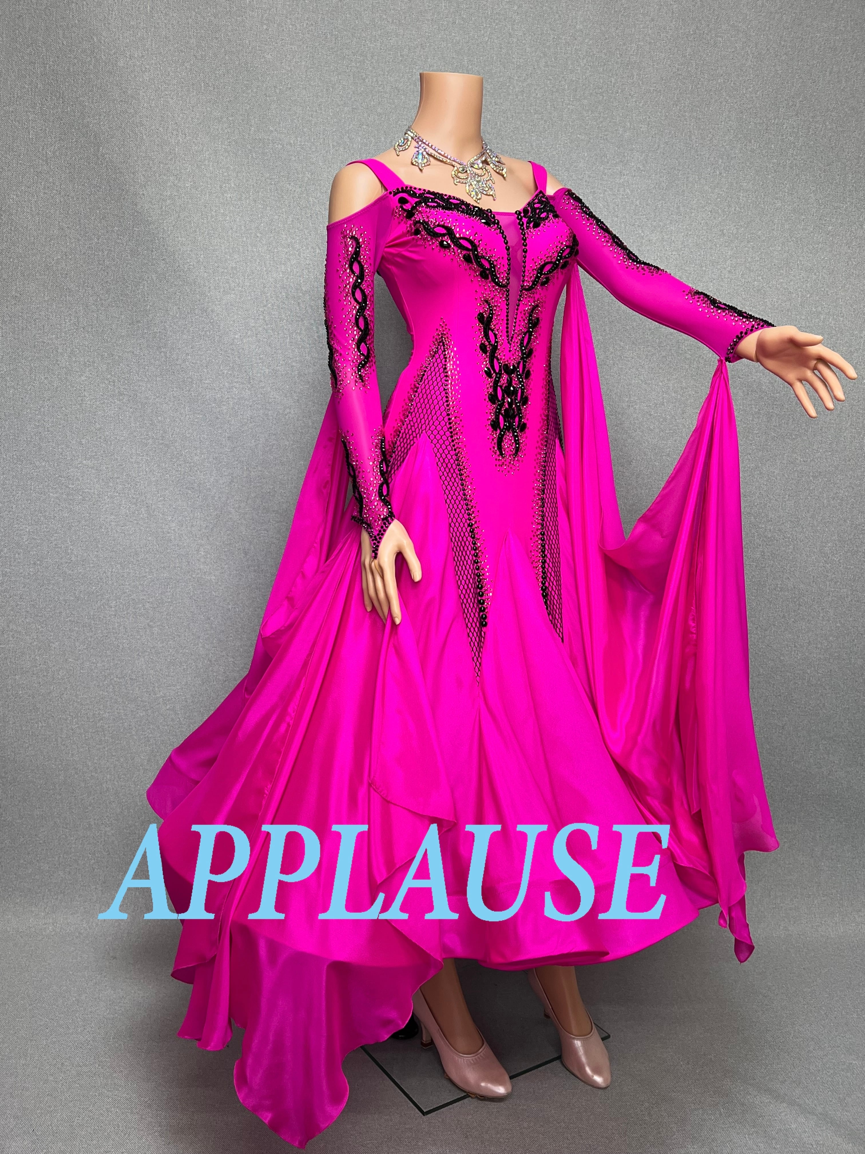 【新着】社交ダンス ドレス　モダン　スタンダード ドレス　ST-26-１　フューシャピンク　M〜L　デモ・競技用ドレス　発表会　衣装　パーティドレス　ワンピース　舞台衣装