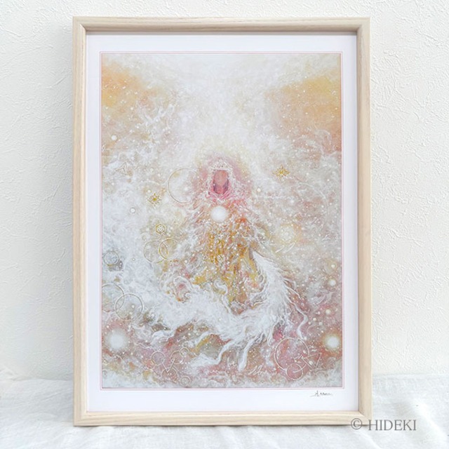 神様の絵『瀬織津姫』日本の神様 HIDEKI 直筆サイン入り HYMジクレー ヒーリングアート スピリチュアルアート（A3サイズ / 浄化の女神・清らかな光 / 乳白アッシュ額縁・UVカットアクリル仕様）