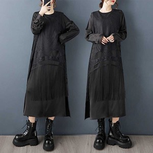 FRINGED LACE PANEL SLEEVE LAYERED MIDI DRESS M-18830