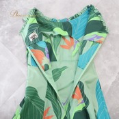 フラダンス 衣装 ワンピース ドレス グリーン系 マカマカ ハワイアンプリント 花柄 植物柄 MakaMaka レッスン 練習 フラ ダンス ノースリーブ フリル さわやか 華やか 鮮やか かわいい おしゃれ 上品 大人っぽい ブルー系 オレンジ系 パープル系 黄緑 緑 水色 橙 紫 フレア スカート エレガント トロピカル 夏