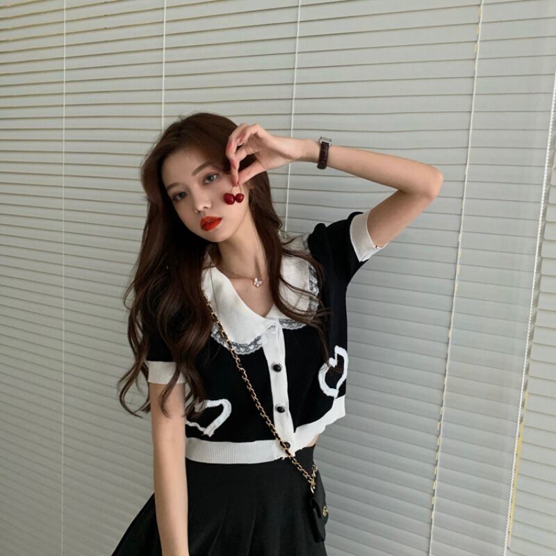 スタイルレース人形の襟黒のニットセーター女性夏2020新しい薄い半袖カーディガンニッチトップ ブラックストロベリース82803112861