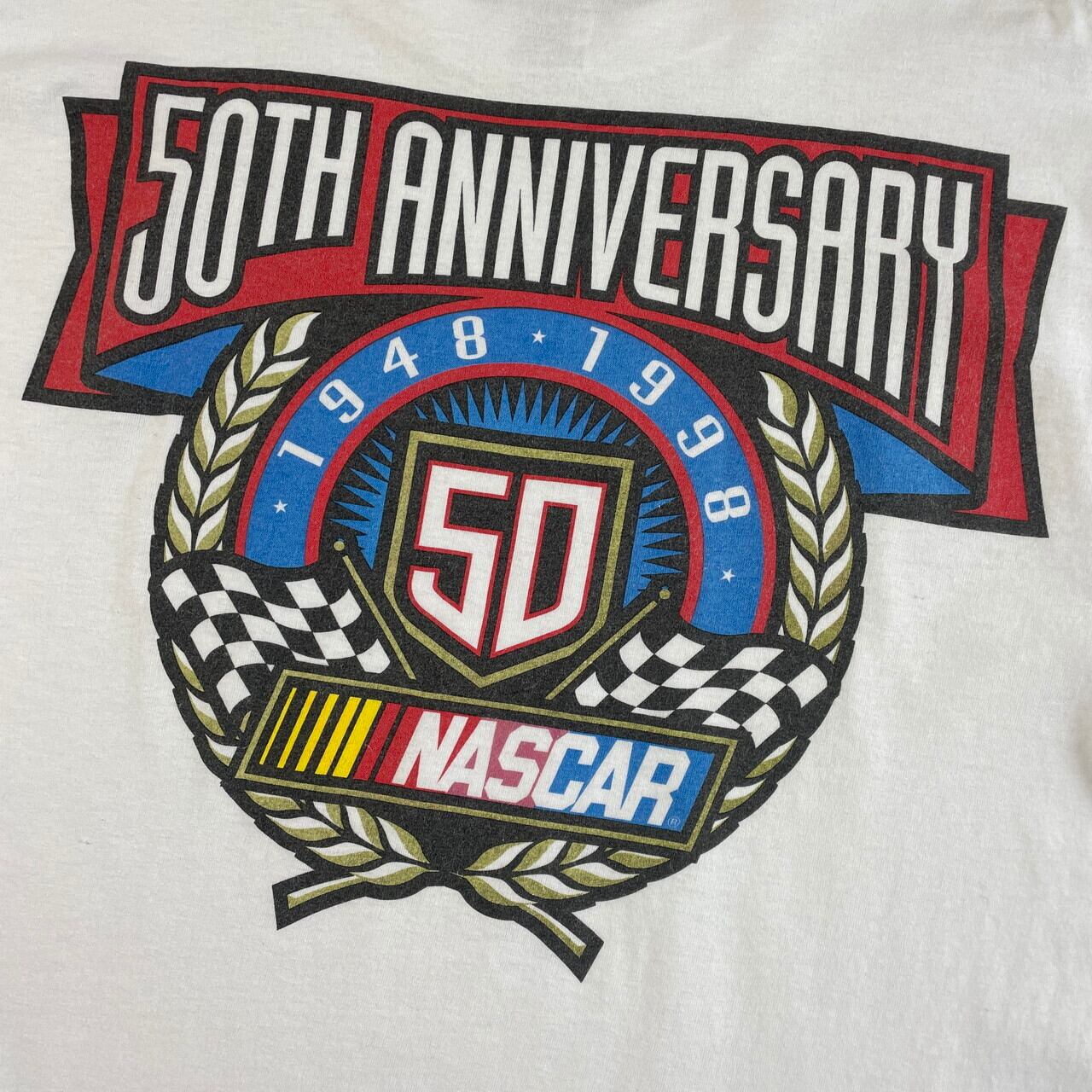 90年代 NASCAR ナスカー バックプリント レーシングTシャツ メンズXL 古着 90s ヴィンテージ ビンテージ 胸ロゴ 50周年記念  ホワイト 白【Tシャツ】【FSS2308-30】 | cave 古着屋【公式】古着通販サイト