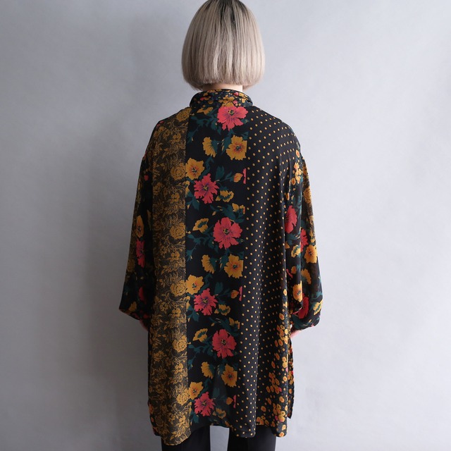 switching flower art pattern see-through loose shirt