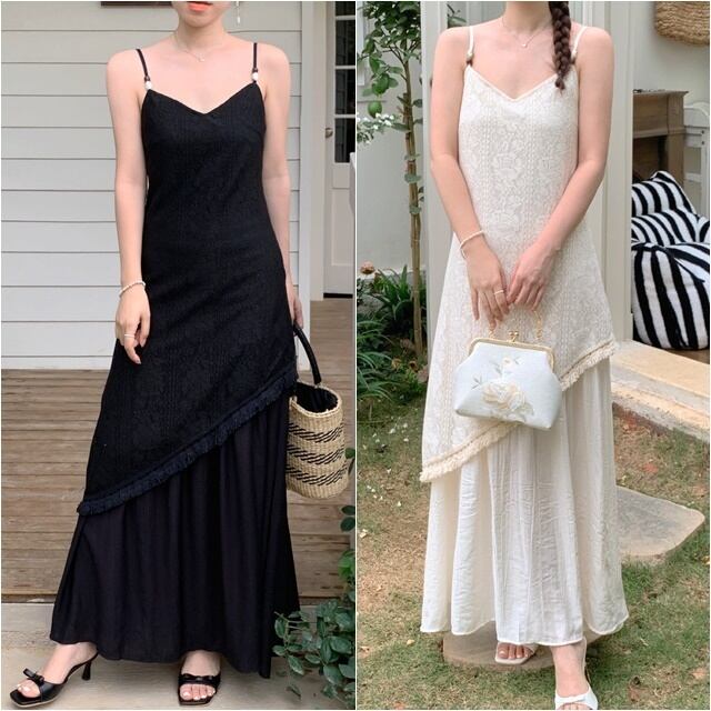 【予約販売】ワンピース レディース ブラック ホワイト ロング丈 キャミワンピ レース レイヤード フレア フェミニン こなれ感 ワンピ 大人可愛い セクシー シンプル エレガント おしゃれ 韓国  旅行 バカンス 春 夏 トレンド  S/M