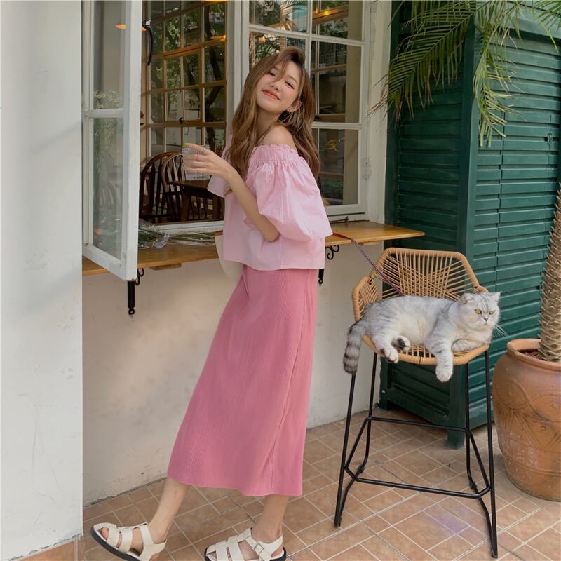 サマー半袖スリーブトップス ストレッチスカート ショート ピンク ハーフスリーブ ストリート エラスティック 伸縮 夏物 スクウェア モンロー2528668336