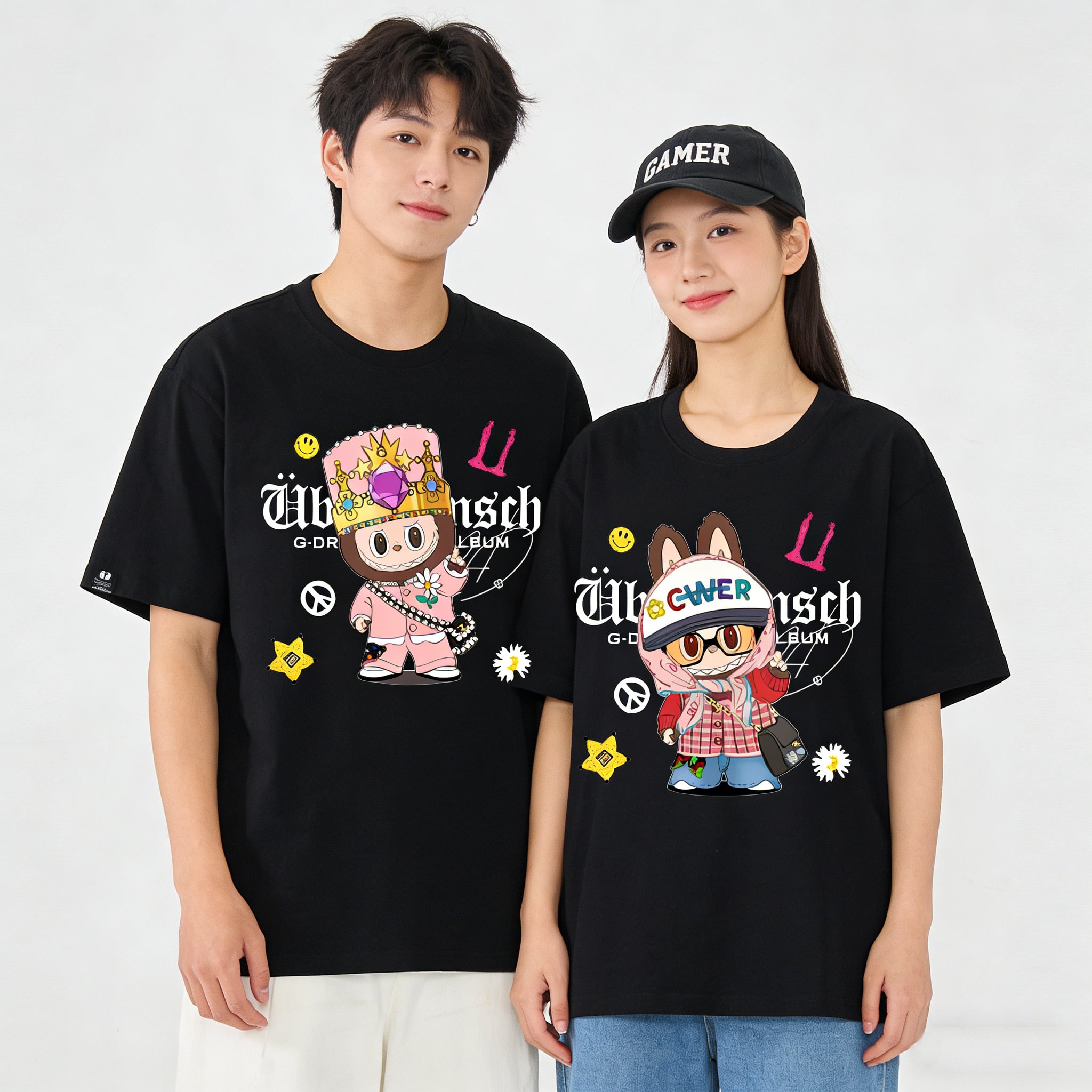 Labubuと一緒に応援しよう!高品质 綿100% Labubu プリントTシャツ 応援コンサート用カジュアル半袖 男女兼用 S-3Lサイズ 全8色展開