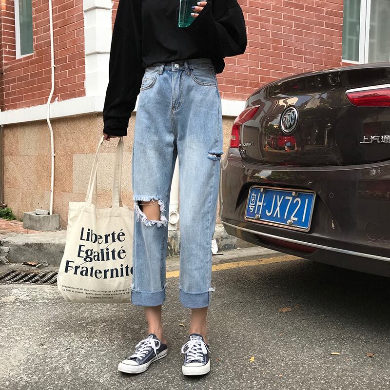 スプリングスタイルルーズスタンダードジーンズ ハイウェストウェストワイドレッグパンツ クロップド レトロ 春物 ワイドパンツ 1号婦人74707183610