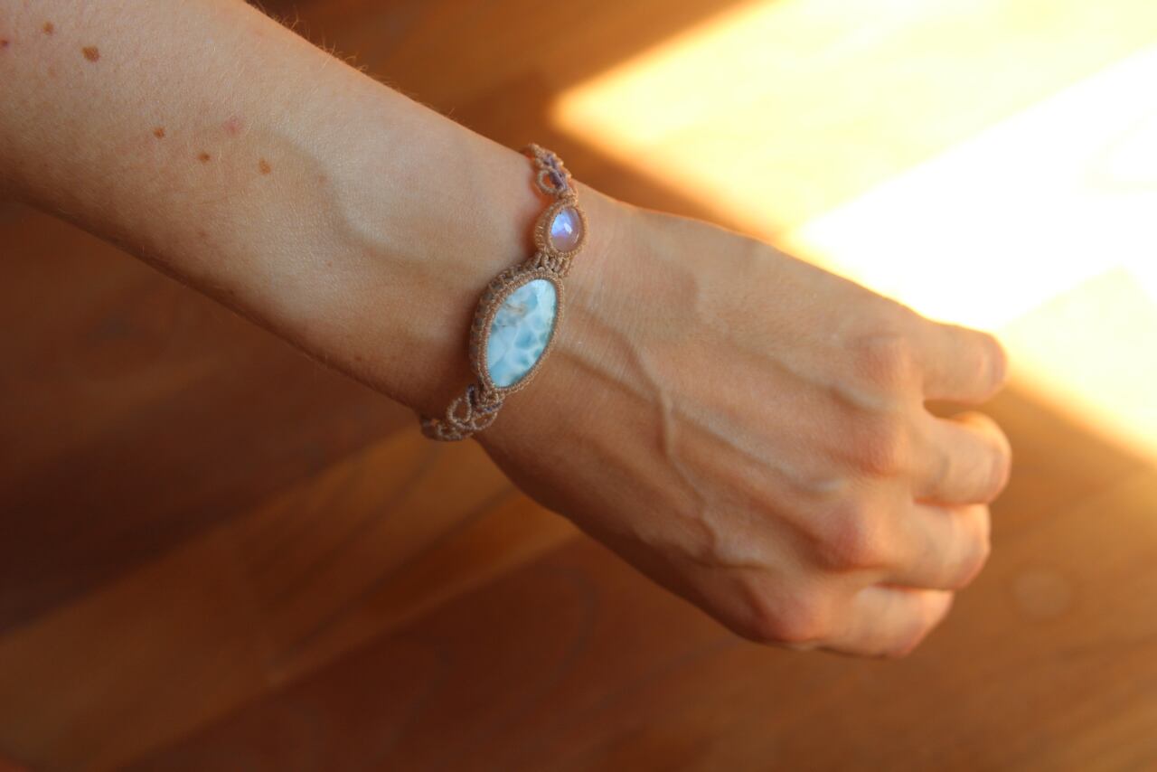 Larimar & Rainbow moonstone micro macrame bracelet