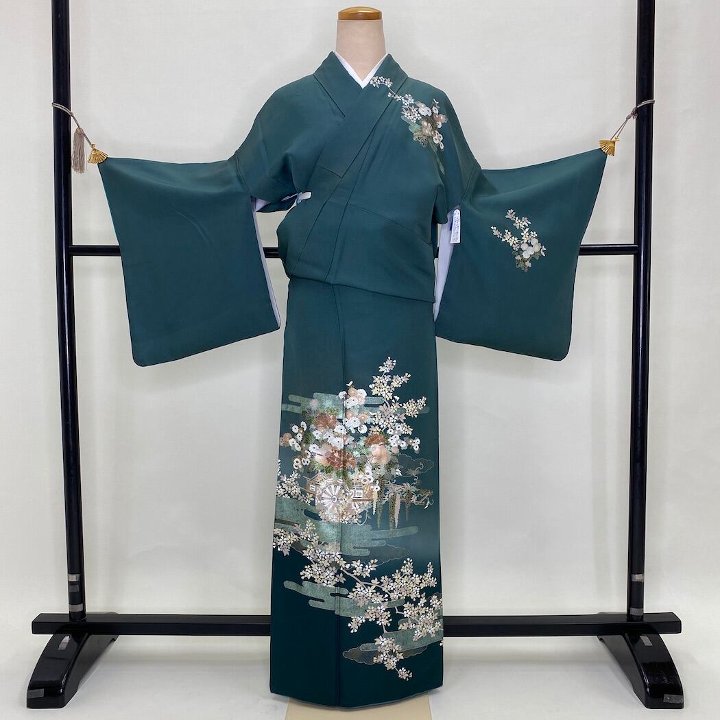 訪問着 中古 古典柄 オシャレ 花柄 緑 エメラルドグリーン 裄丈66cm  