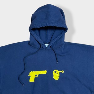 【GILDAN】プリント スウェット パーカー フーディー hoodie プルオーバー XL ビッグシルエット ネイビー HEAVYWEIGHT ヘビーウェイト 太アーム us古着