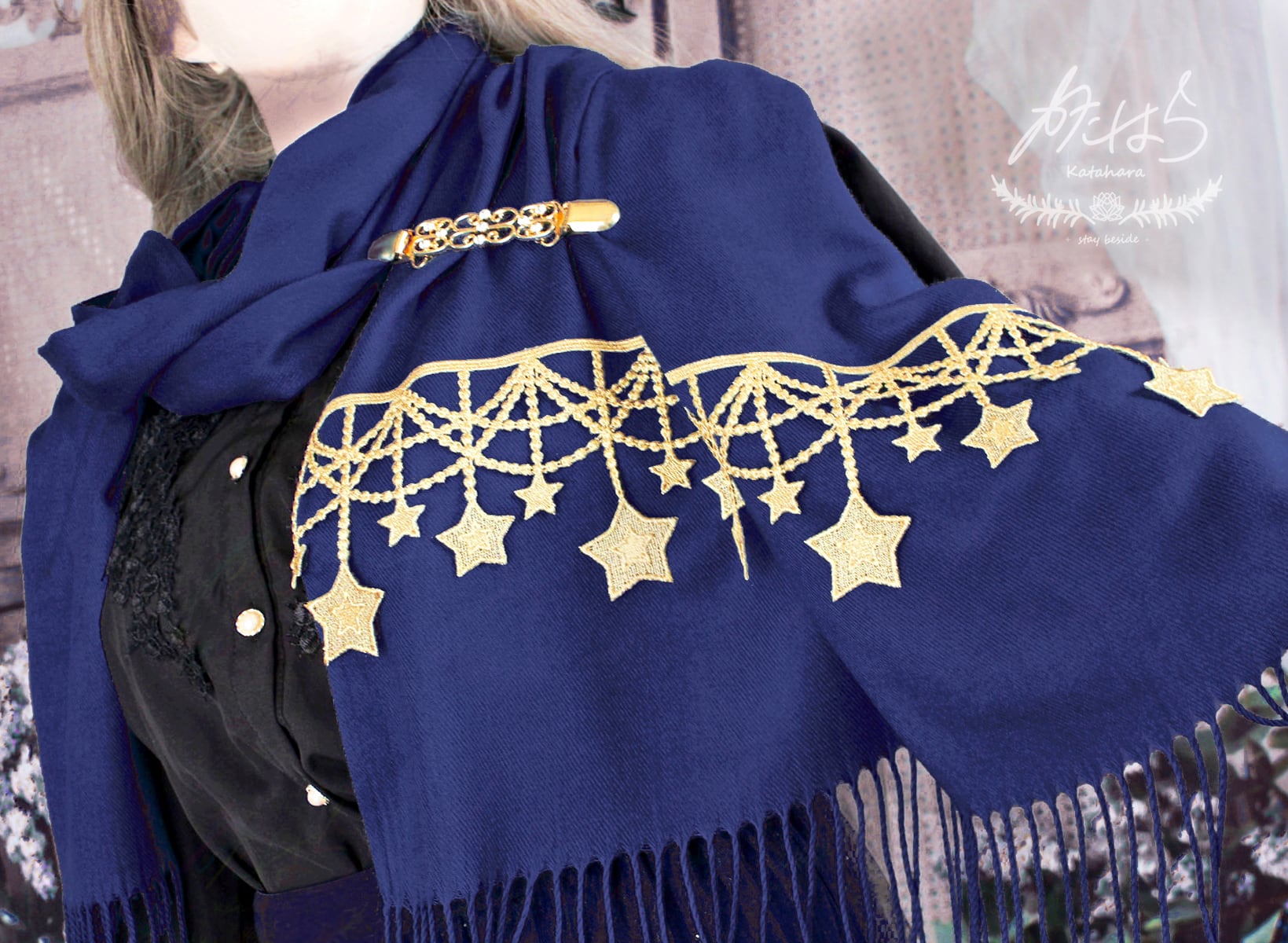 ほぼ未使用☆ブルガリ☆ストール☆マフラー☆ネイビー☆濃紺☆ レースの星降るマフラーストール 「サーカス・ナイト」 | 方原 ❀ 刺繍