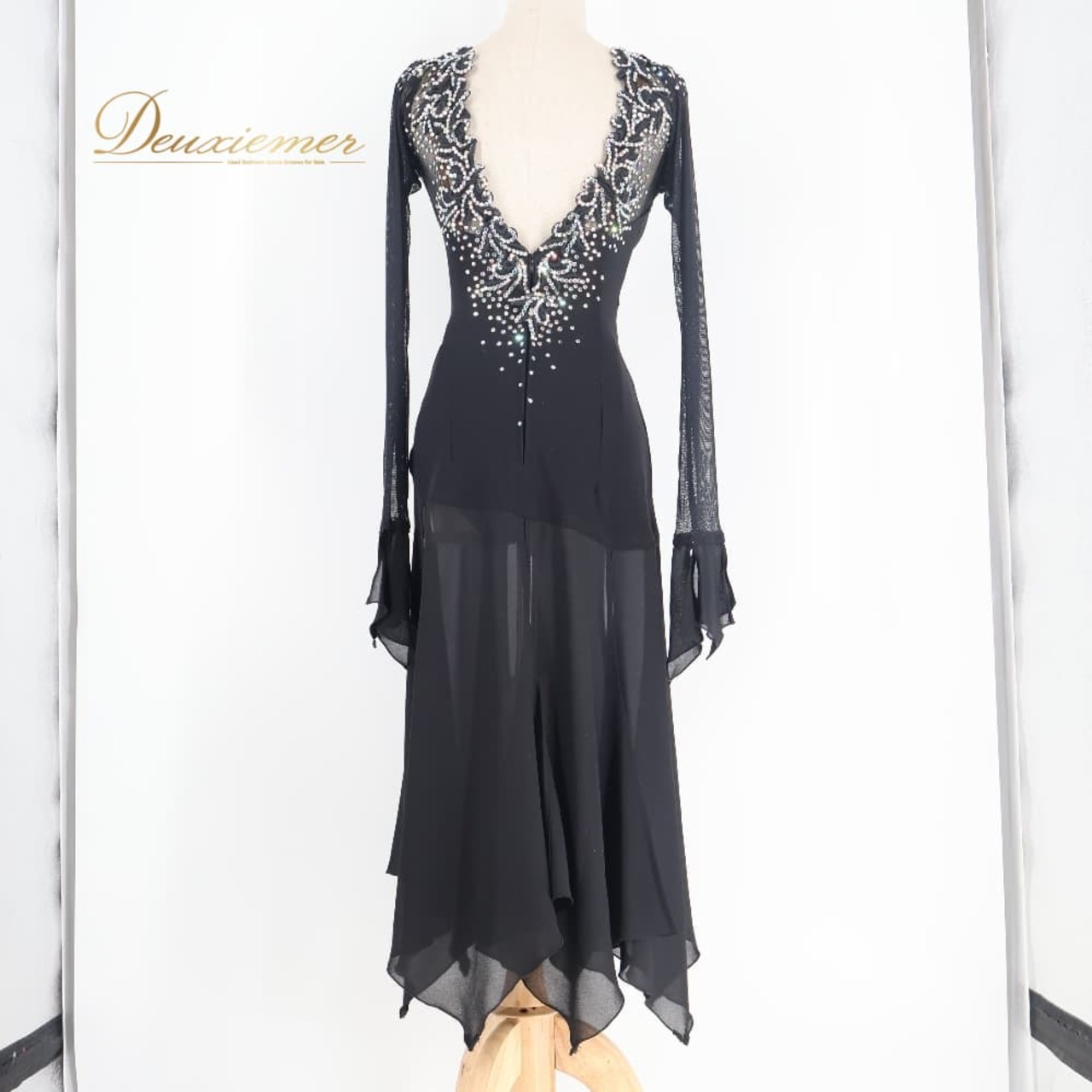 社交ダンス 衣装 Dance fashion design room ドレス ワンピース ラテン ブラック系 黒 レース デモ 競技 ダンス パーティ 発表会 軽い 薄い 長袖 上品 高級感 舞台衣装 エレガント 上品