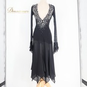 社交ダンス 衣装 Dance fashion design room ドレス ワンピース ラテン ブラック系 黒 レース デモ 競技 ダンス パーティ 発表会 軽い 薄い 長袖 上品 高級感 舞台衣装 エレガント 上品
