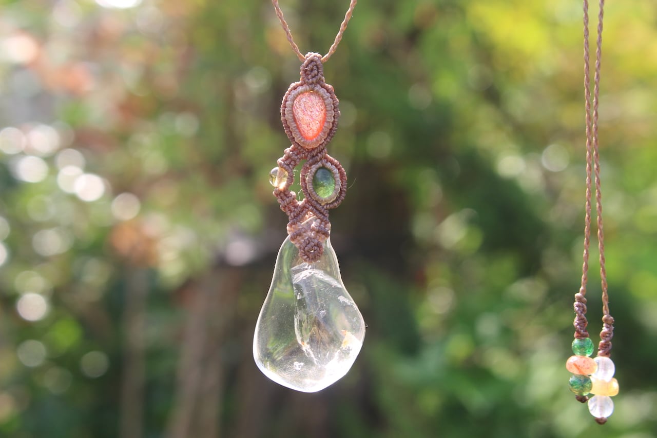Healing crystal & Sunstone & Chrome Tourmaline micro macrame pendant