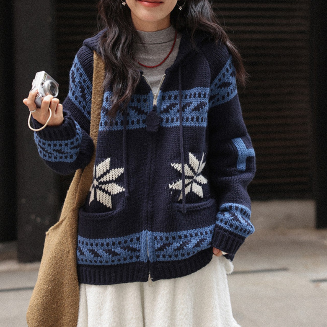 zip-up hooded knit hoodie　J00392