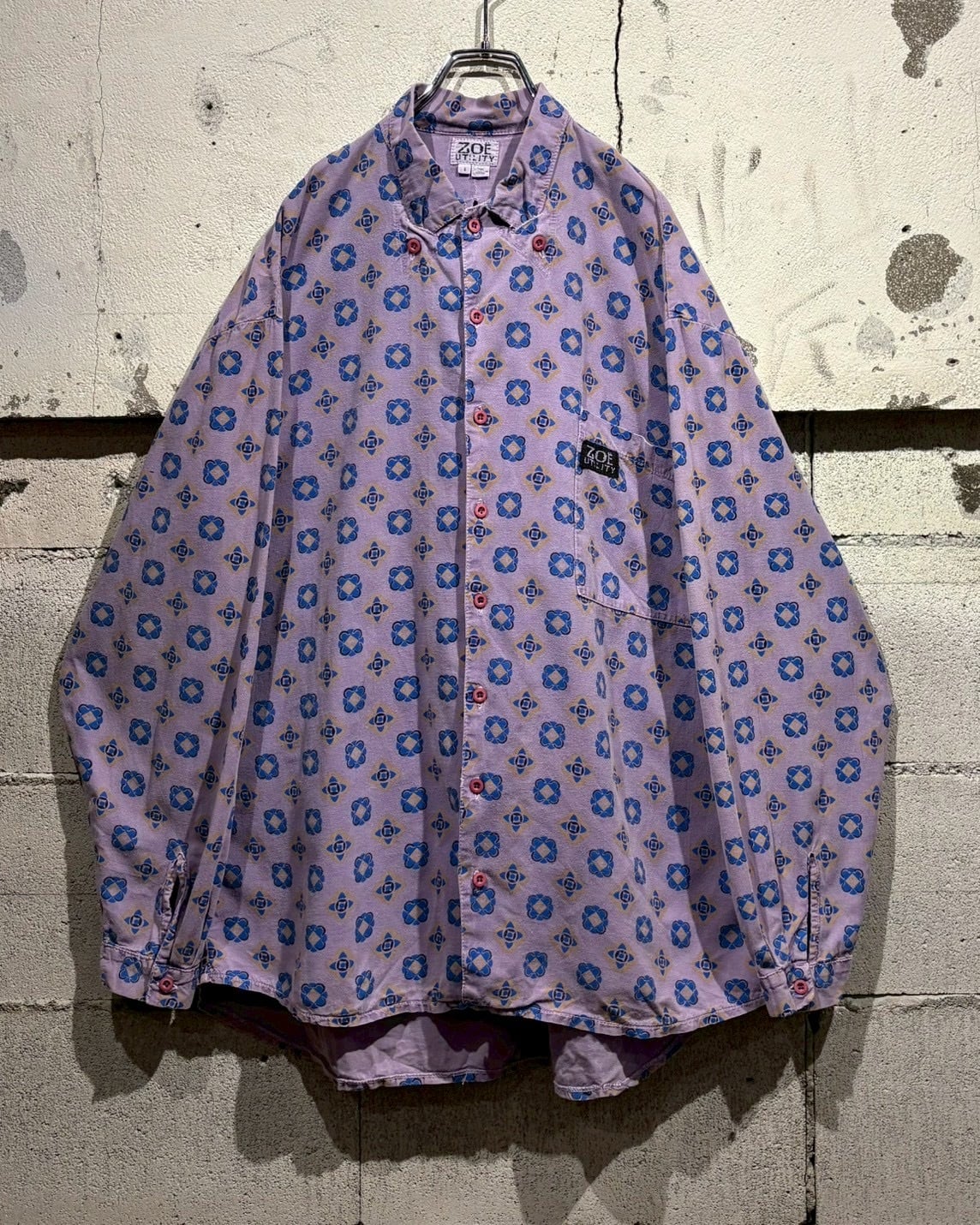 Caka otto】80's Monogram Pattern Vintage Loose L/S Button Down