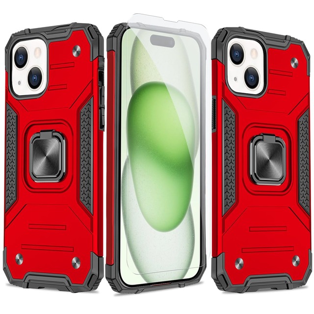 JSCOMYAP iPhone 15 用ケース + 强化 ガラス フィルム,リング付き スマホケース スタンド機能 携帯ケース 人気 耐衝撃 横置き機能 Case Cover アイフォン15 アイホン i phone15 あいほん15 ip15 いphone15 背面 カバー メンズ 6.1インチ(赤)