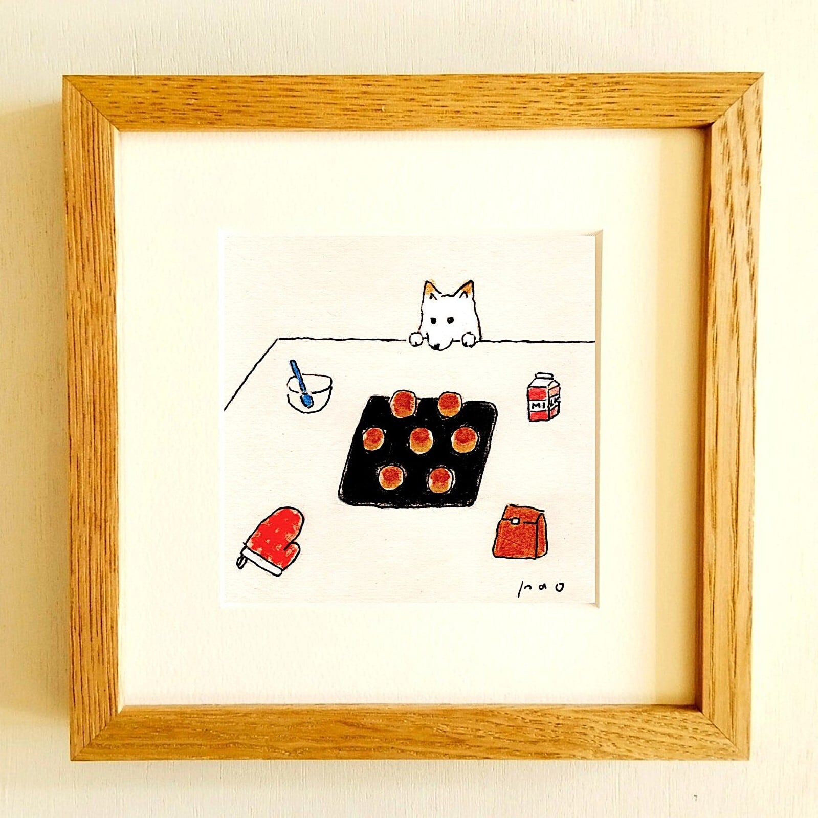 ミニ原画】猫のイラスト｜原画「のんきな猫」※木製額縁入り（10×10