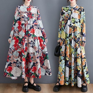 FLORAL PRINT STAND COLLAR SLEEVE TIERED DRESS M-18849