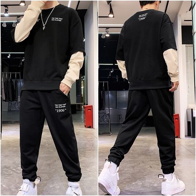 【予約販売】メンズ セットアップ 上下 重ね着風 ブラック オフホワイト グレー 部屋着 長袖 防寒 ジム スポーツウエア カジュアル 秋冬 大きいサイズ M/L/XL/2XL/3XL