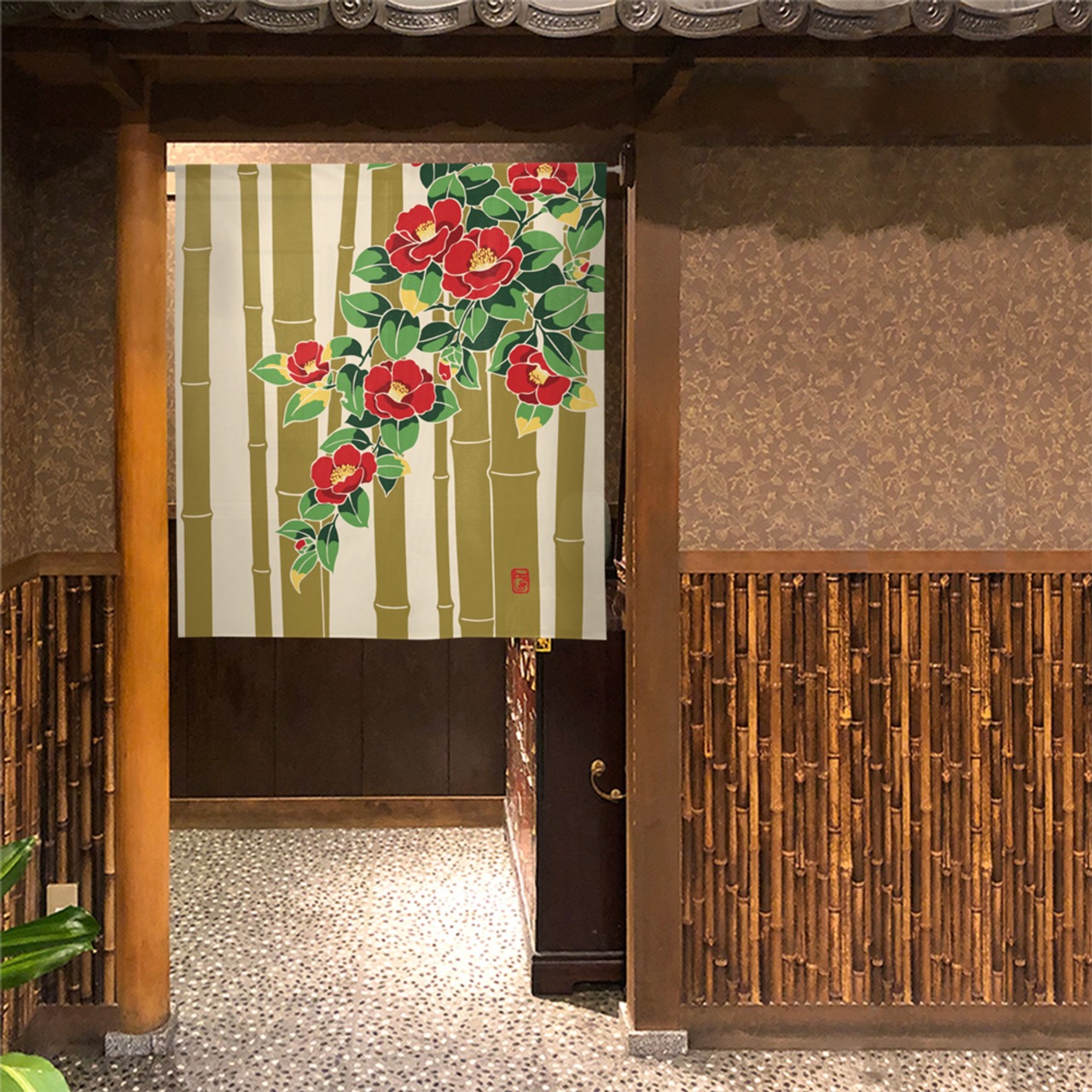 【受注生産】 のれん  竹に椿 85×90cm