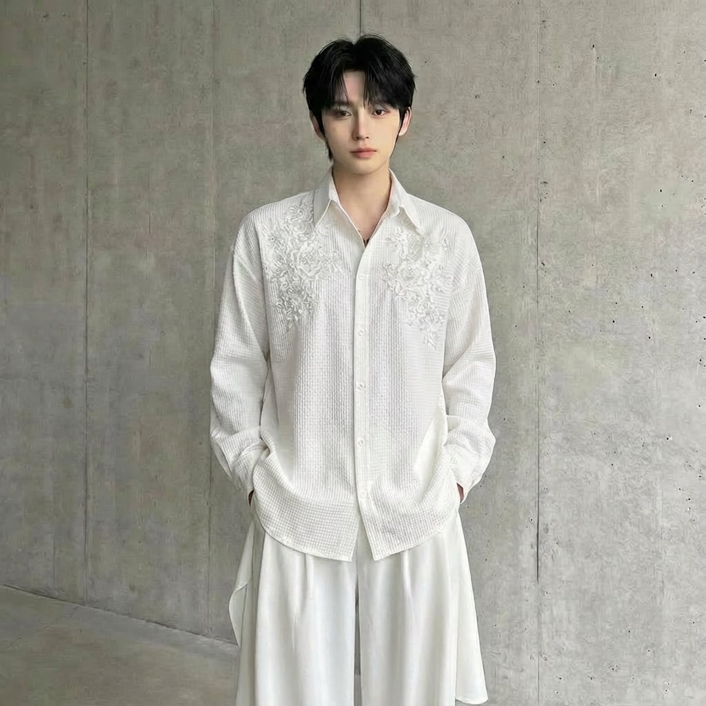 立体スパンコール花刺繍 長袖シャツ D11524