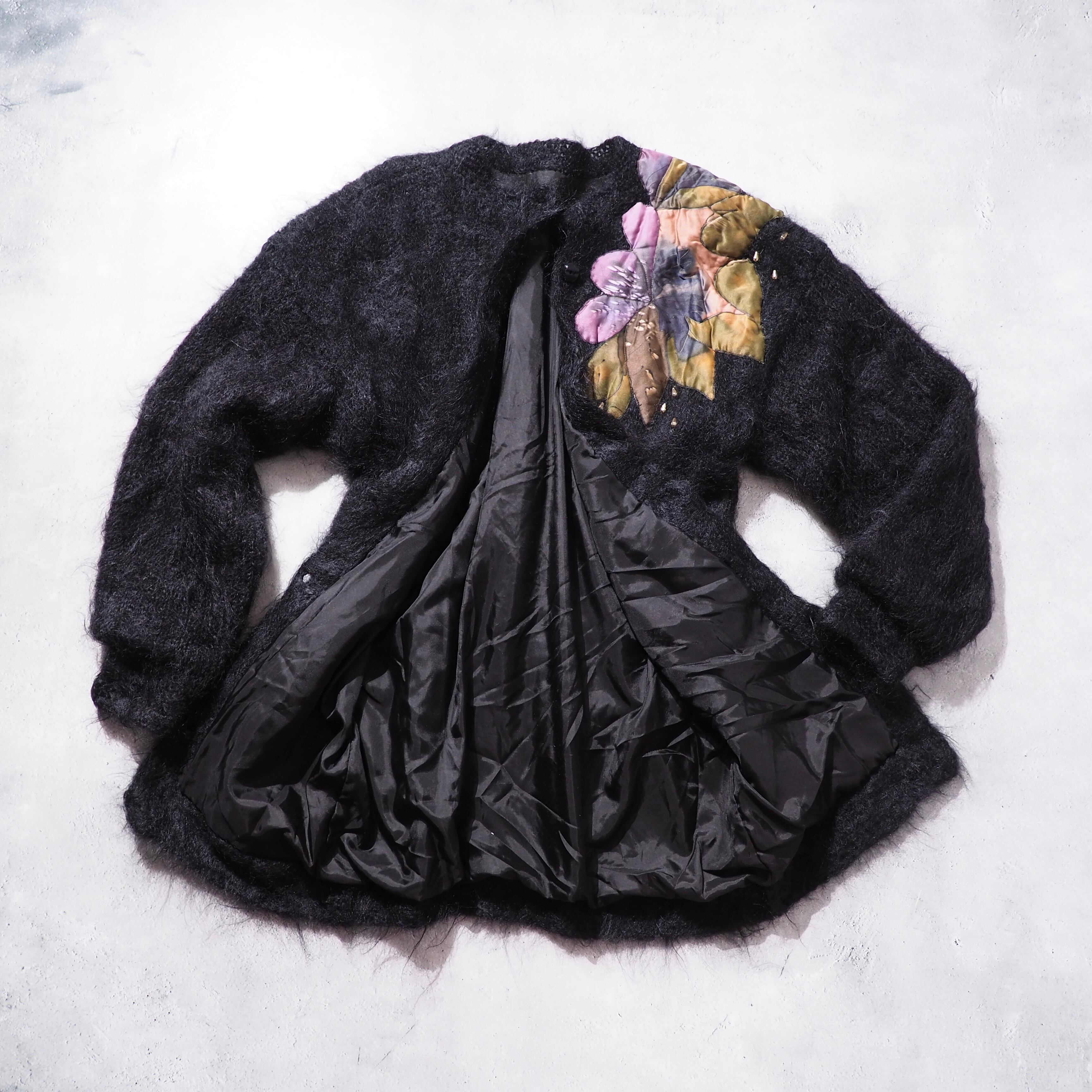 Black bewitching flower embroidery vintage mohair wool cardigan