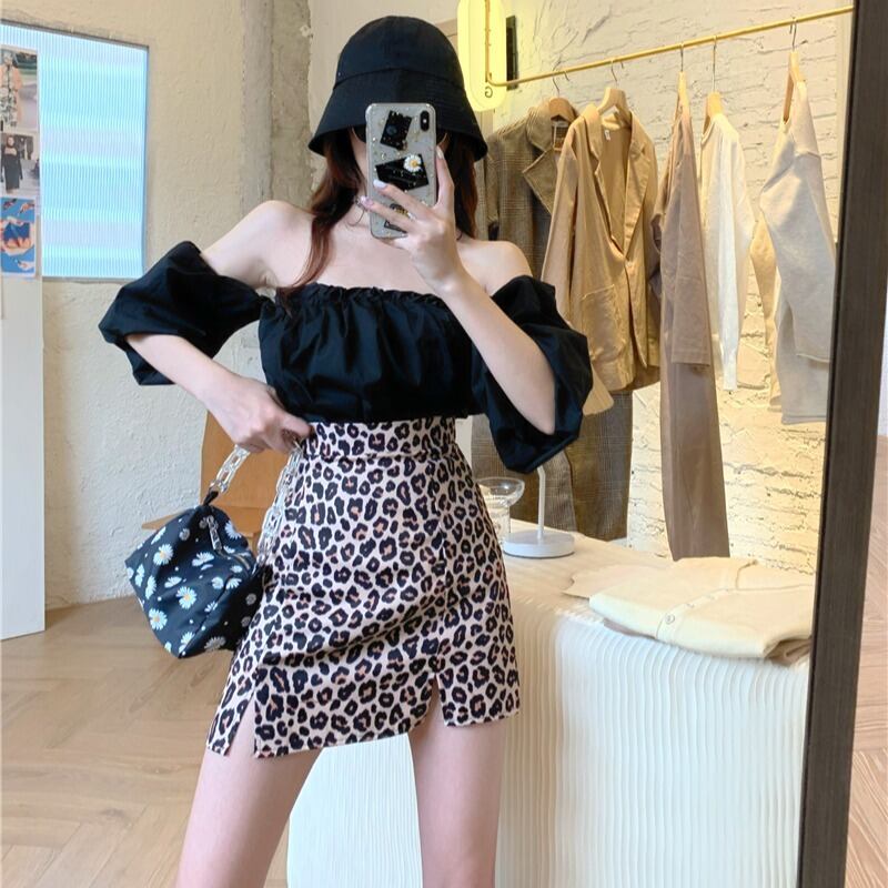 ヒョウ柄スプリットaラインスカート女性夏ハイウエストスリミングヒップスカート2020新しいセクシーなワンステップスカート ブラックストロベリース38931999921
