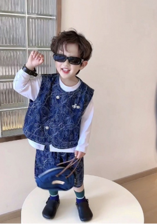 2024新品 子供服   デニムベスト+はんズボン セットアップ  90cm～140cm