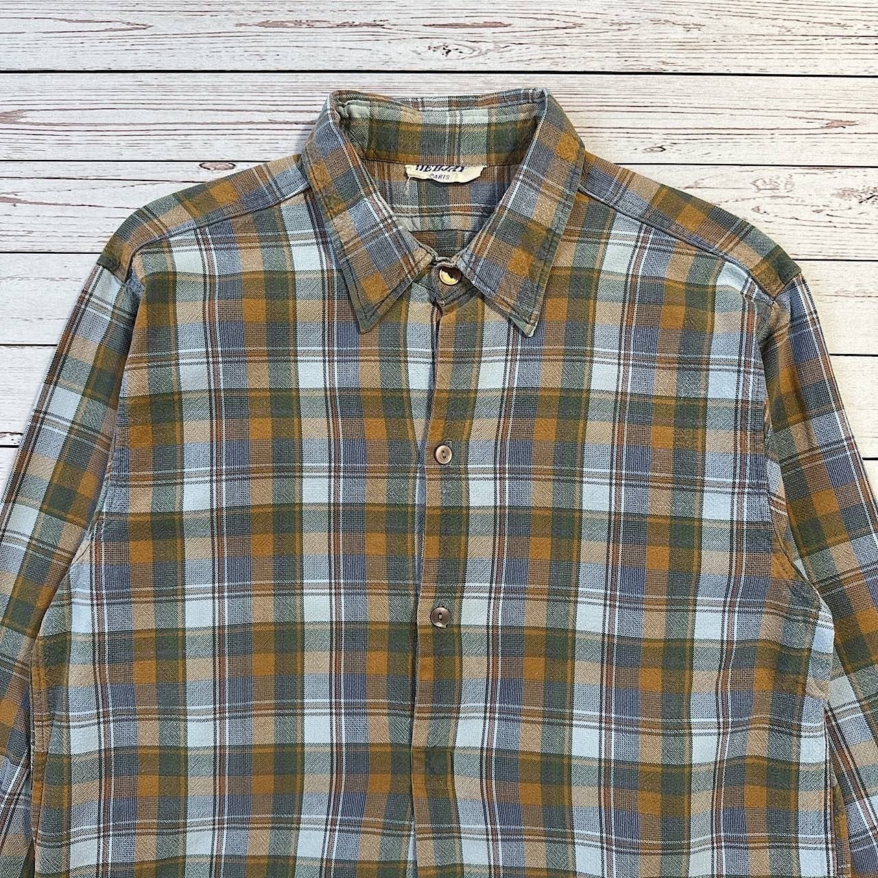 60s~70s フランス製 グランパシャツ ハーフボタン チェック 長袖