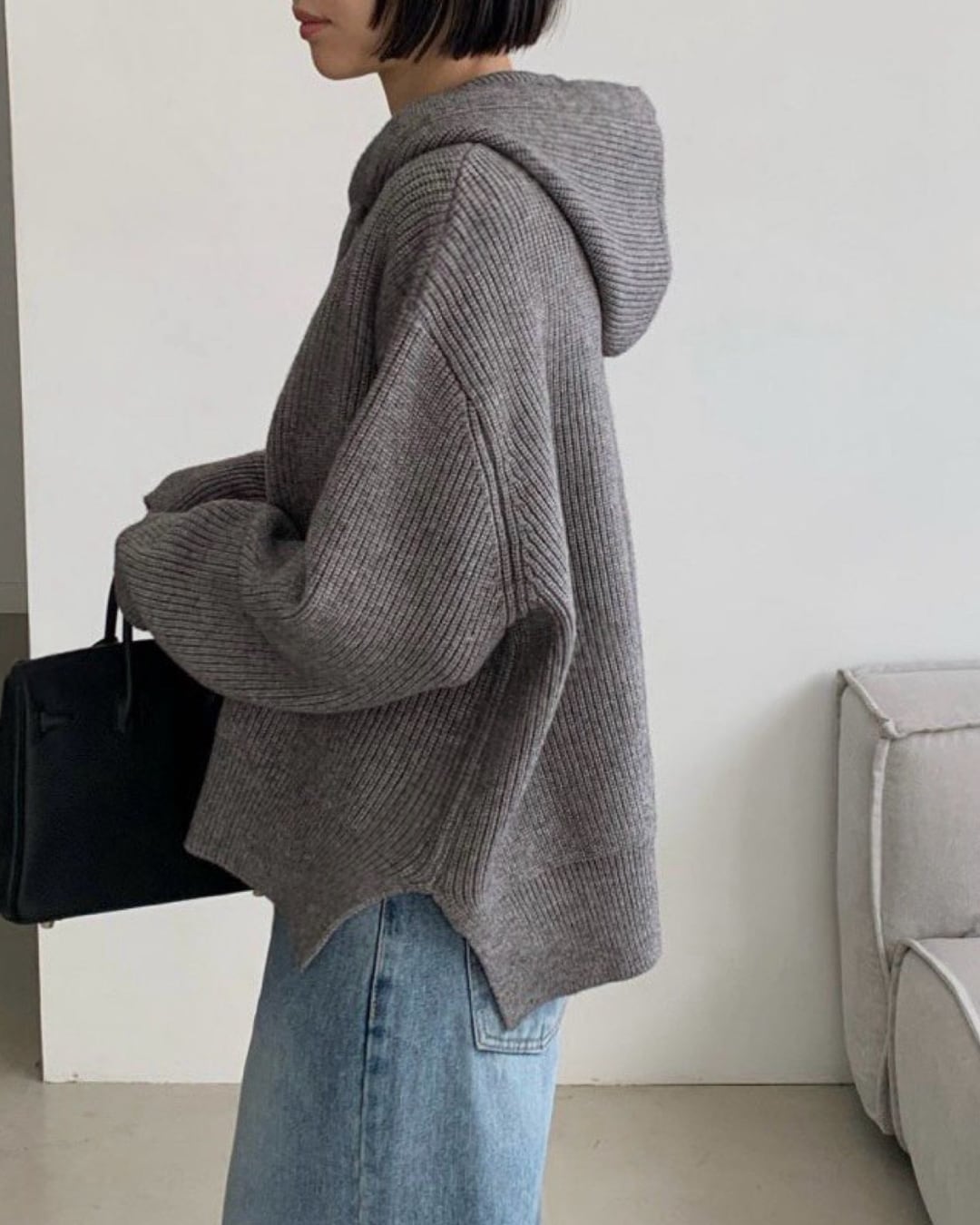 リブ編みフード付きニット