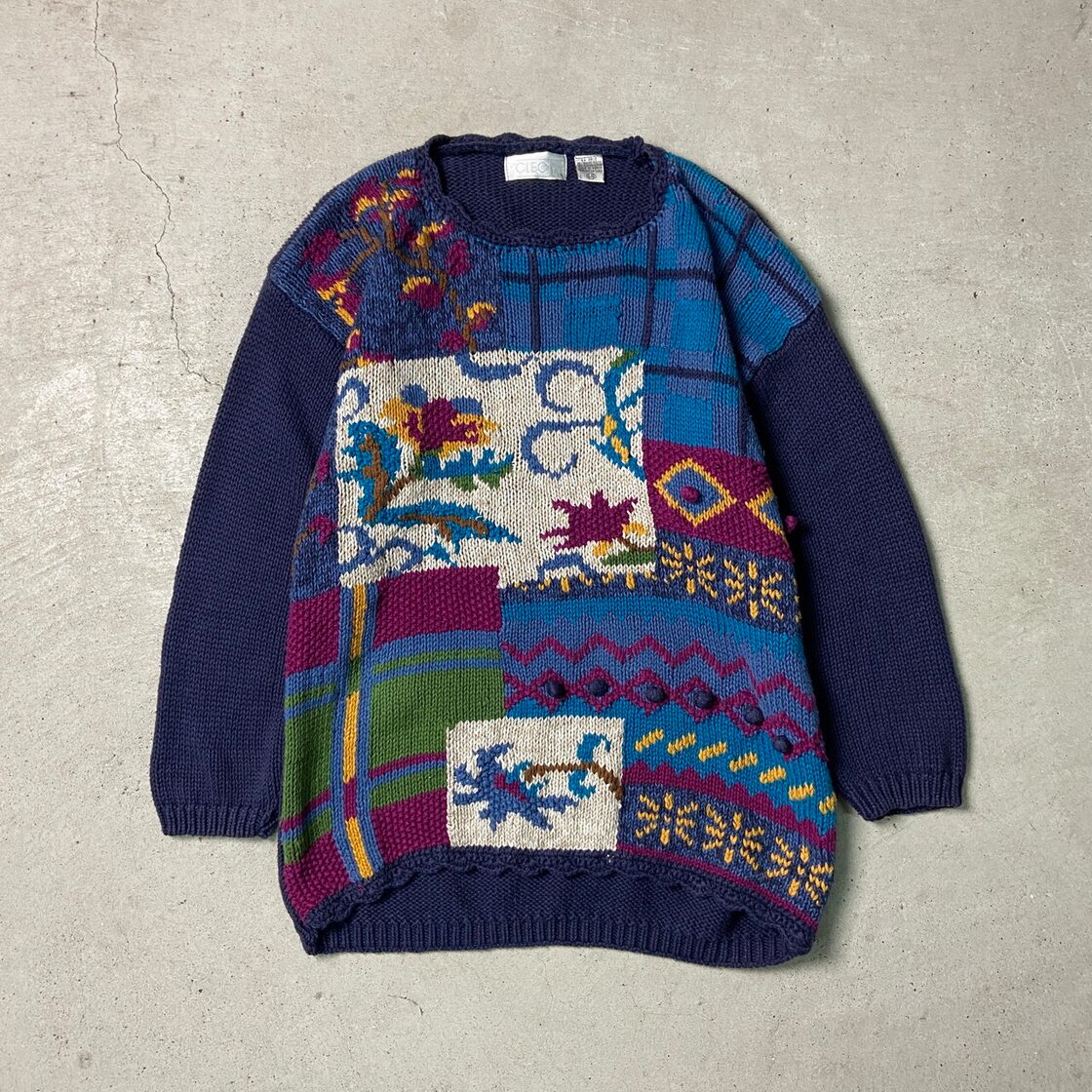 CLEO 総柄ニットセーター ラミー×コットン フラワー柄 レディースL 